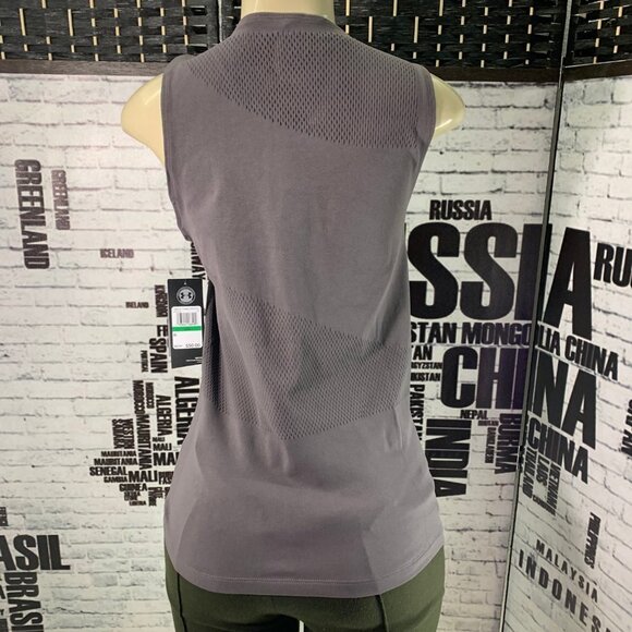 Under Armour L Gray Mesh Logo Heatgear Stretch Fitted Tank Top - Picture 4 of 6